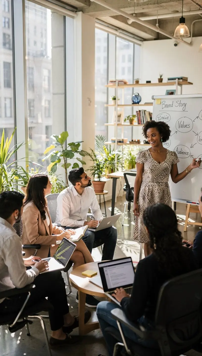 Grupa profesjonalistów uczestniczących w warsztatach personalnego brandingu z notatkami i laptopami.
