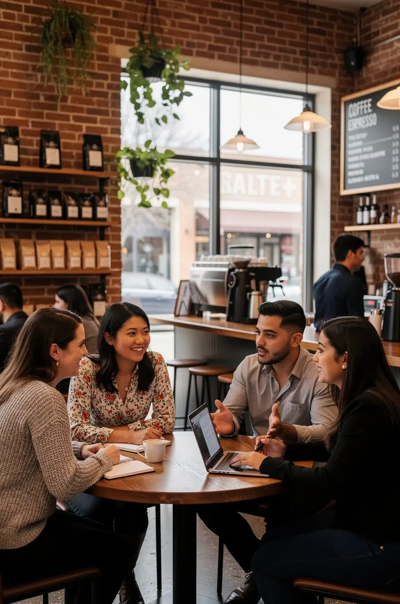 Networking podczas wydarzenia klubu marki osobistej, ludzie wymieniają się wizytówkami i rozmawiają przy kawie.